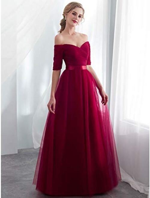 Beauty-Emily Half Sleeves Evening Dresses Long Bridesmaid Dress for Formal Party Tulle Prom Gown
