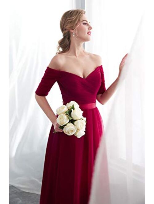 Beauty-Emily Half Sleeves Evening Dresses Long Bridesmaid Dress for Formal Party Tulle Prom Gown