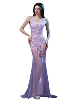 Lace See-Through Sleeveless Sweep Train Evening Gowns