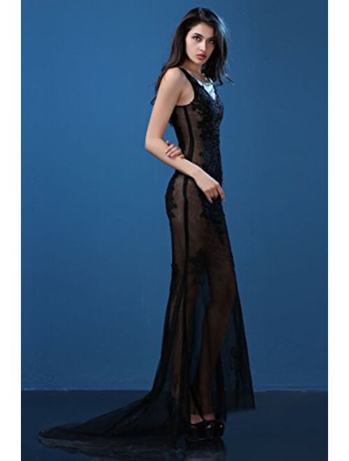 Beauty-Emily Lace See-Through Sleeveless Sweep Train Evening Gowns