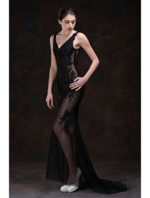 Beauty-Emily Lace See-Through Sleeveless Sweep Train Evening Gowns