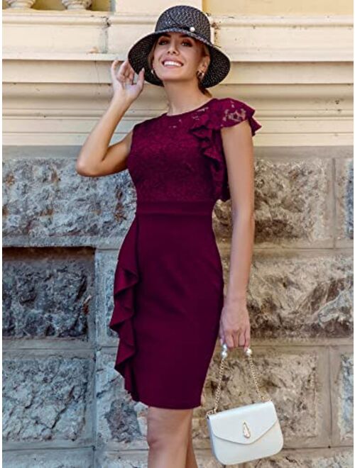 Miusol Women's Floral Lace Ruffle Sleeve Slim Cocktail Party Dress