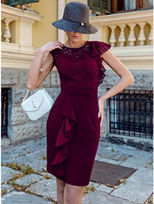 Miusol Women's Floral Lace Ruffle Sleeve Slim Cocktail Party Dress