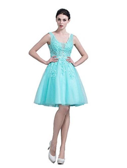 Beauty-Emily Lace Sleeveless Double V-Neck Knee Length Cocktail Gowns