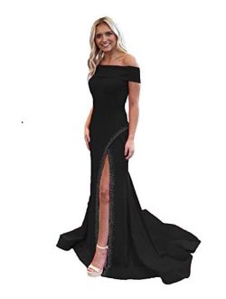 Off The Shoulder Mermaid Prom Dresses Long Side Slit Evening Formal Gowns with Beaded