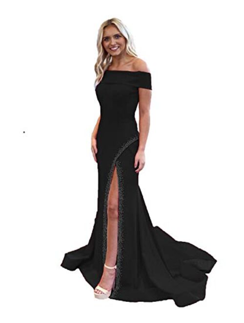 Gricharim Off The Shoulder Mermaid Prom Dresses Long Side Slit Evening Formal Gowns with Beaded