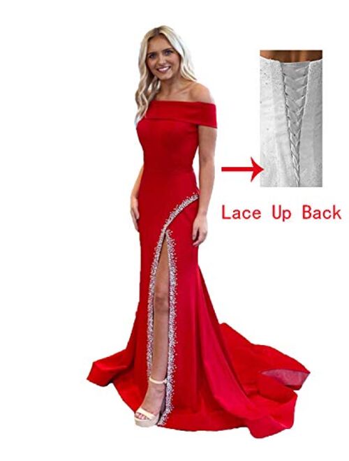 Gricharim Off The Shoulder Mermaid Prom Dresses Long Side Slit Evening Formal Gowns with Beaded