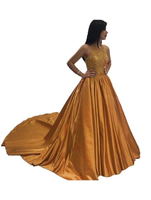 Gricharim Women's Halter Beaded Applique Prom Dresses Long Ball Gown Evening Formal Dress