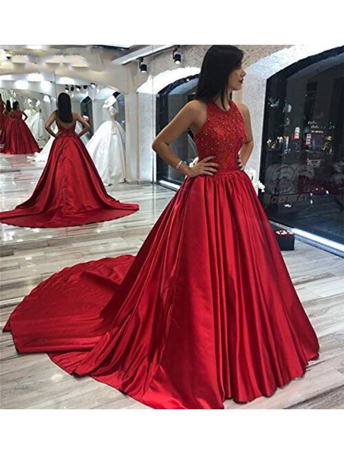 Gricharim Women's Halter Beaded Applique Prom Dresses Long Ball Gown Evening Formal Dress