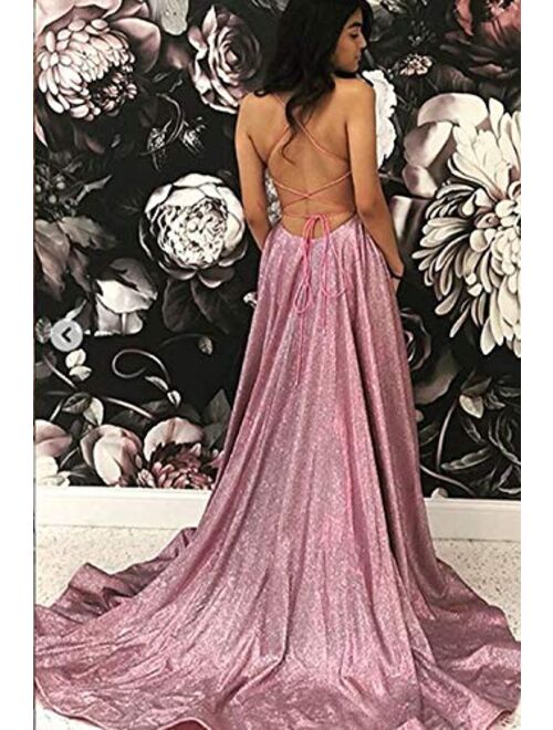 Gricharim Women's Halter Sparkly Glitter Prom Dresses Long Backless Evening Formal Gowns with Train