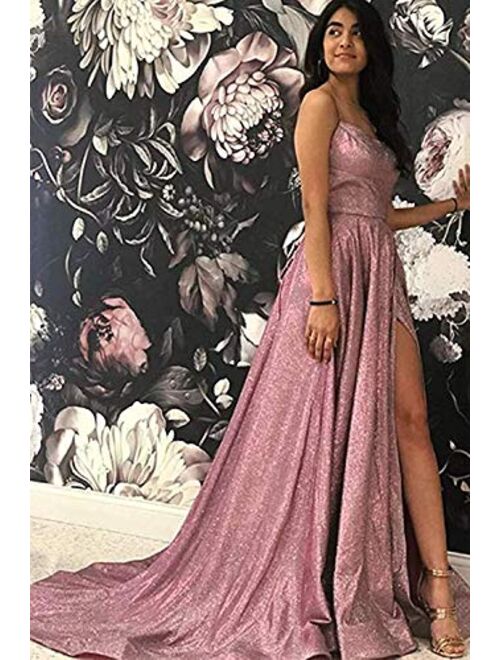 Gricharim Women's Halter Sparkly Glitter Prom Dresses Long Backless Evening Formal Gowns with Train