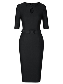 Women's Audrey Hepburn 1960s Half Sleeve Belt Formal Work Dress