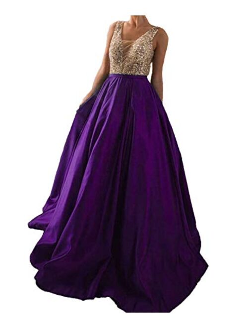 Gricharim Women's Beaded V Neck Crystals Satin Prom Dresses Long Evening Formal Gowns