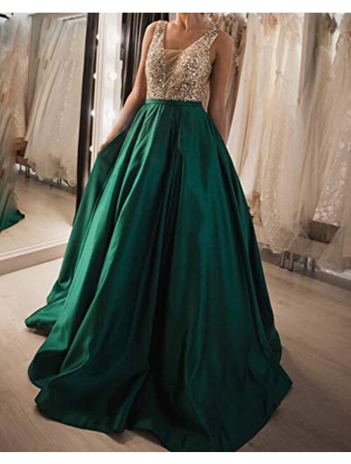 Gricharim Women's Beaded V Neck Crystals Satin Prom Dresses Long Evening Formal Gowns