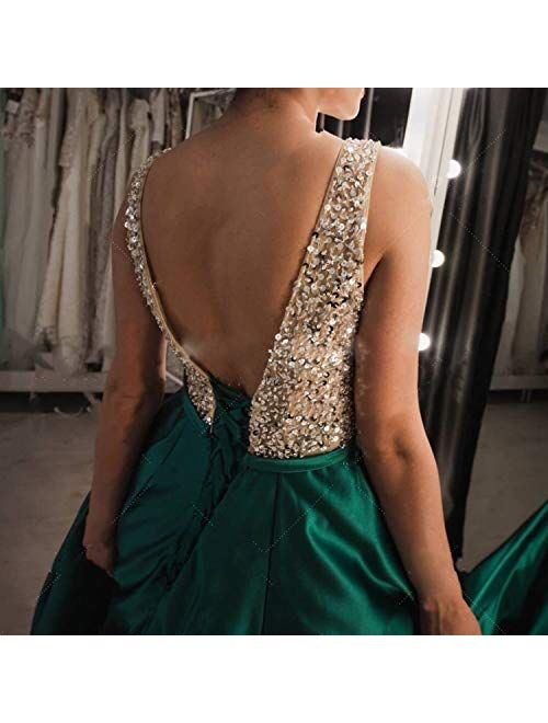 Gricharim Women's Beaded V Neck Crystals Satin Prom Dresses Long Evening Formal Gowns