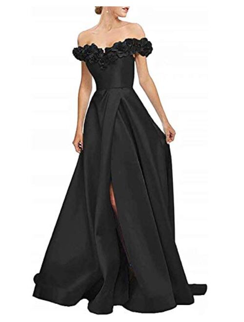 Gricharim Women's 3D Flowers Off Shoulder Satin Prom Dresses Long Slit Evening Formal Gowns