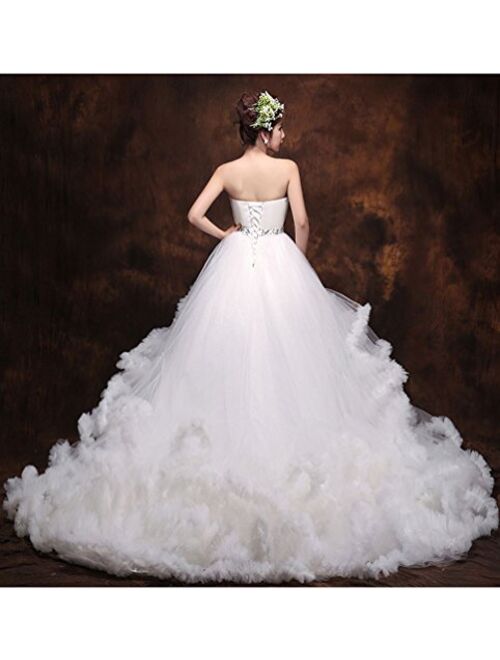 Beauty-Emily Layered Tulle Beading Lace Up Belt Train Wedding Dresses