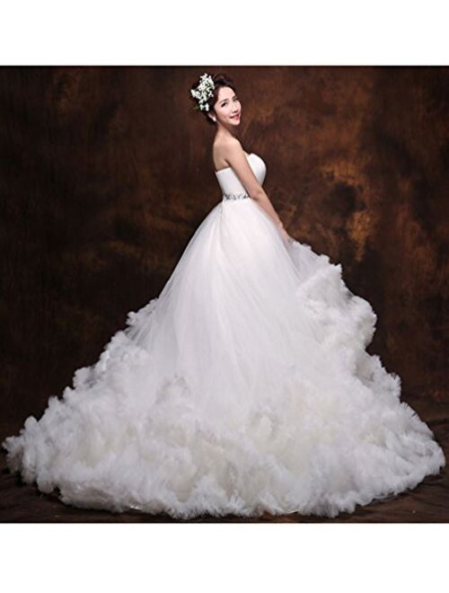 Beauty-Emily Layered Tulle Beading Lace Up Belt Train Wedding Dresses