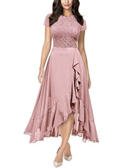Women's Retro Lace Contrast Chiffon Ruffle Evening Maxi Dress