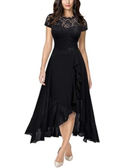 Women's Retro Lace Contrast Chiffon Ruffle Evening Maxi Dress