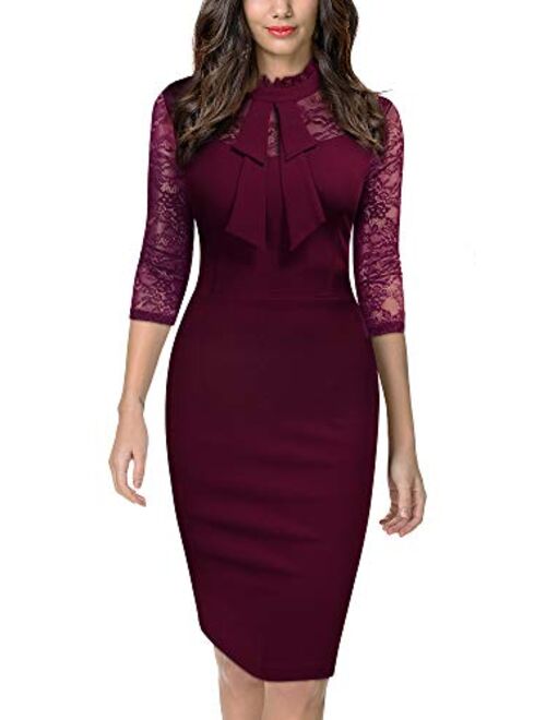 Miusol Women's Retro Bow Neck Design Contrast Lace Party Dress