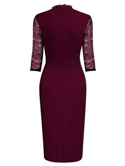 Miusol Women's Retro Bow Neck Design Contrast Lace Party Dress