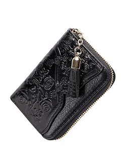Genuine Leather Credit Card Holder for Women Designer Floral Card Case Wallet with Tassel