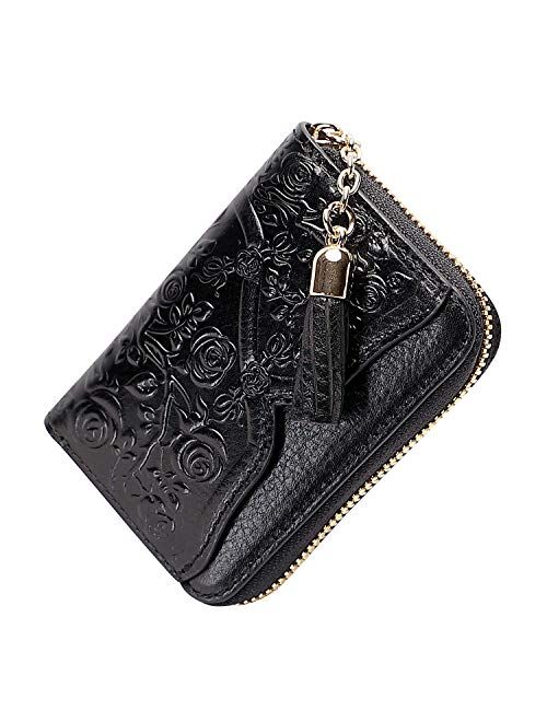 PIJUSHI Genuine Leather Credit Card Holder for Women Designer Floral Card Case Wallet with Tassel