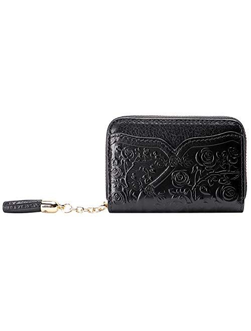 PIJUSHI Genuine Leather Credit Card Holder for Women Designer Floral Card Case Wallet with Tassel