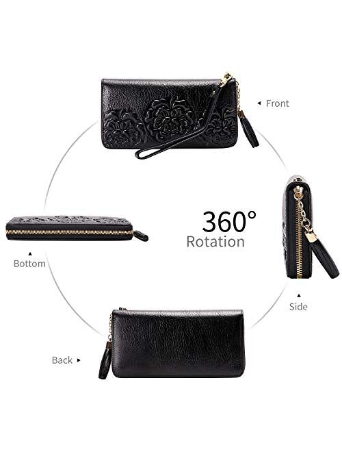 PIJUSHI Genuine Leather Wallets for Women Floral Wristlet Wallet Ladies Clutch Purses with Tassel (12009 Black)