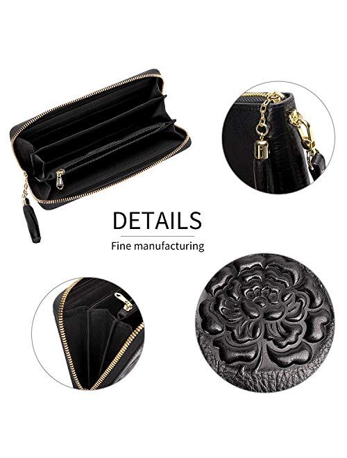 PIJUSHI Genuine Leather Wallets for Women Floral Wristlet Wallet Ladies Clutch Purses with Tassel (12009 Black)