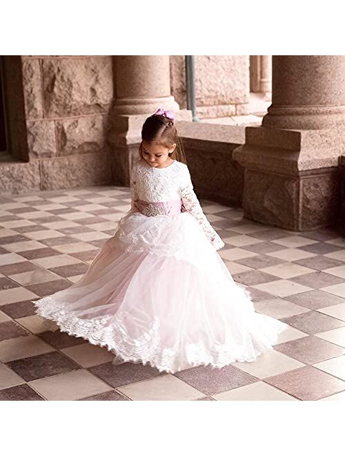 Abaowedding Lace Long Sleeves Princess Tulle Ball Gown Pageant Flower Girl Dress First Communion Dresses
