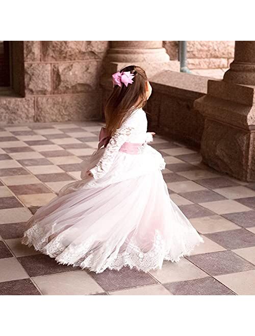 Abaowedding Lace Long Sleeves Princess Tulle Ball Gown Pageant Flower Girl Dress First Communion Dresses
