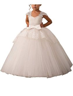 Elegant Lace Appliques Cap Sleeves Tulle Flower Girl Dress 1-14 Years Old