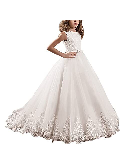Abaowedding Long Lace Sequin Flower Girl Dress Pageant Birthday Communion Dresses for Wedding