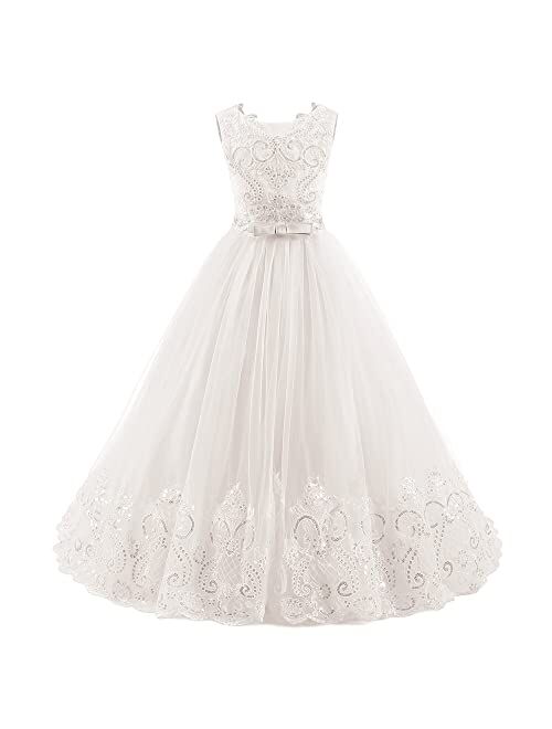 Abaowedding Long Lace Sequin Flower Girl Dress Pageant Birthday Communion Dresses for Wedding