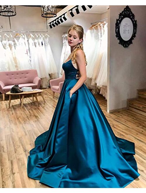 Gricharim Sexy Halter Prom Dresses Long Ball Gown for Juniors Backless Formal Gowns with Pockets