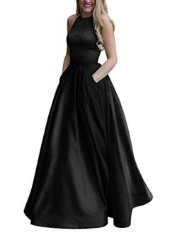 Women's Elegant Halter Satin Prom Dress Long A Line Open Back Evening Gowns with Pockets