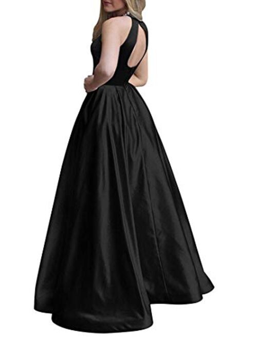 Gricharim Women's Elegant Halter Satin Prom Dress Long A Line Open Back Evening Gowns with Pockets