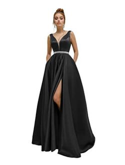 Mcmiya Women's Satin Prom Dresses with Slit Long Formal Evening Dress Dance Ball Gown V Neck Pockets A Line