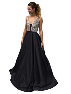 Women's V Neck Beaded Satin Prom Dress A Line Backless Evening Gowns