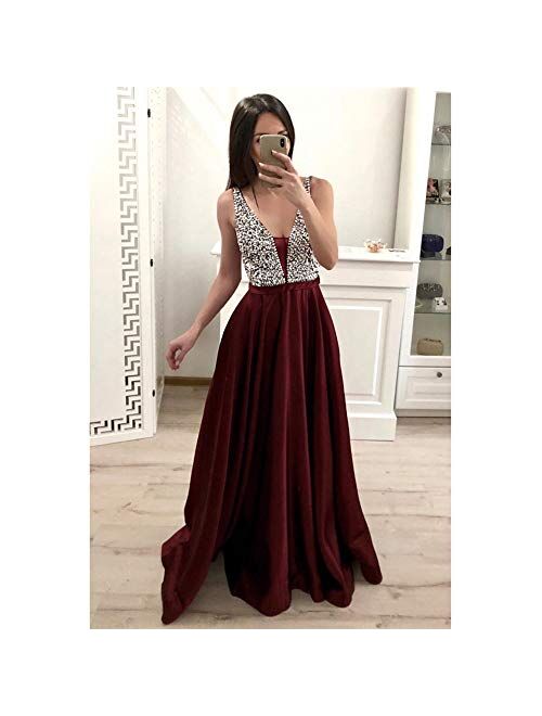 Gricharim Women's V Neck Beaded Satin Prom Dress A Line Backless Evening Gowns