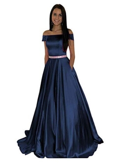 Women's Off The Shoulder Long Prom Dresses Ball Gown Beaded Belt Formal Gowns with Pockets