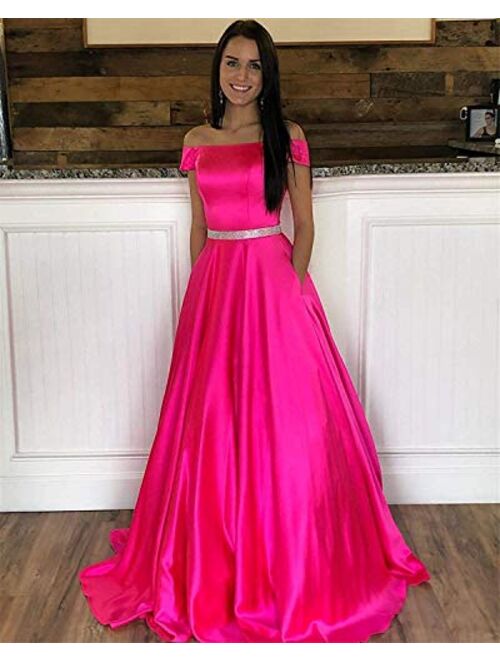 Gricharim Women's Off The Shoulder Long Prom Dresses Ball Gown Beaded Belt Formal Gowns with Pockets