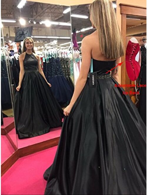Gricharim Yorformals Women's Halter A-line Beaded Satin Evening Prom Dress Long Formal Gown with Pockets