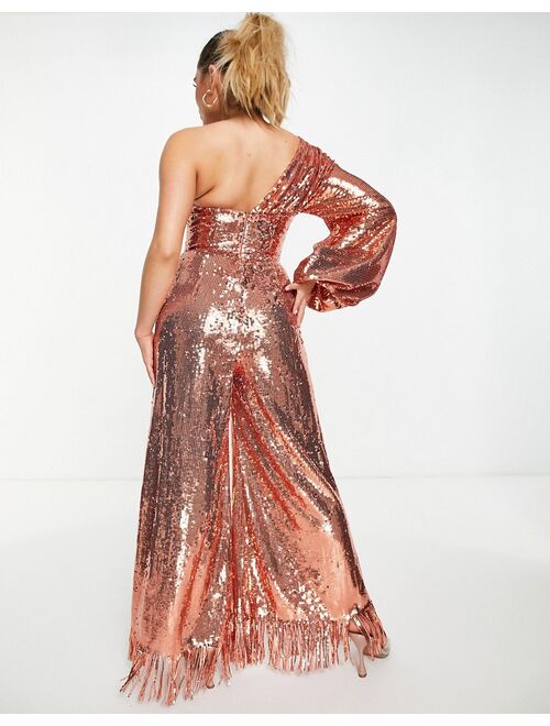 ASOS LUXE sequin jumpsuit with extreme sleeve and fringe hem in rose gold