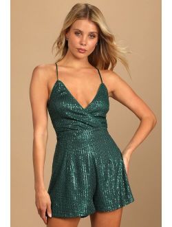 Mesmerizing Beauty Emerald Green Sequin Lace-Up Romper