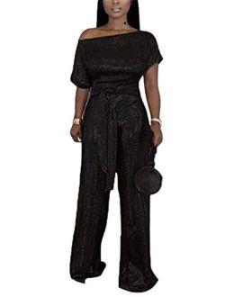 JOSUSY Women's Sequin Sparkly Off Shoulder Bodycon Wide Leg Jumpsuits Rompers with Belt