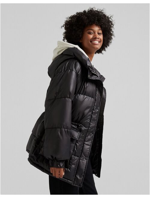 Bershka oversized nylon padded jacket with hood in black