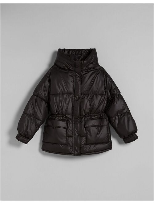 Bershka oversized nylon padded jacket with hood in black